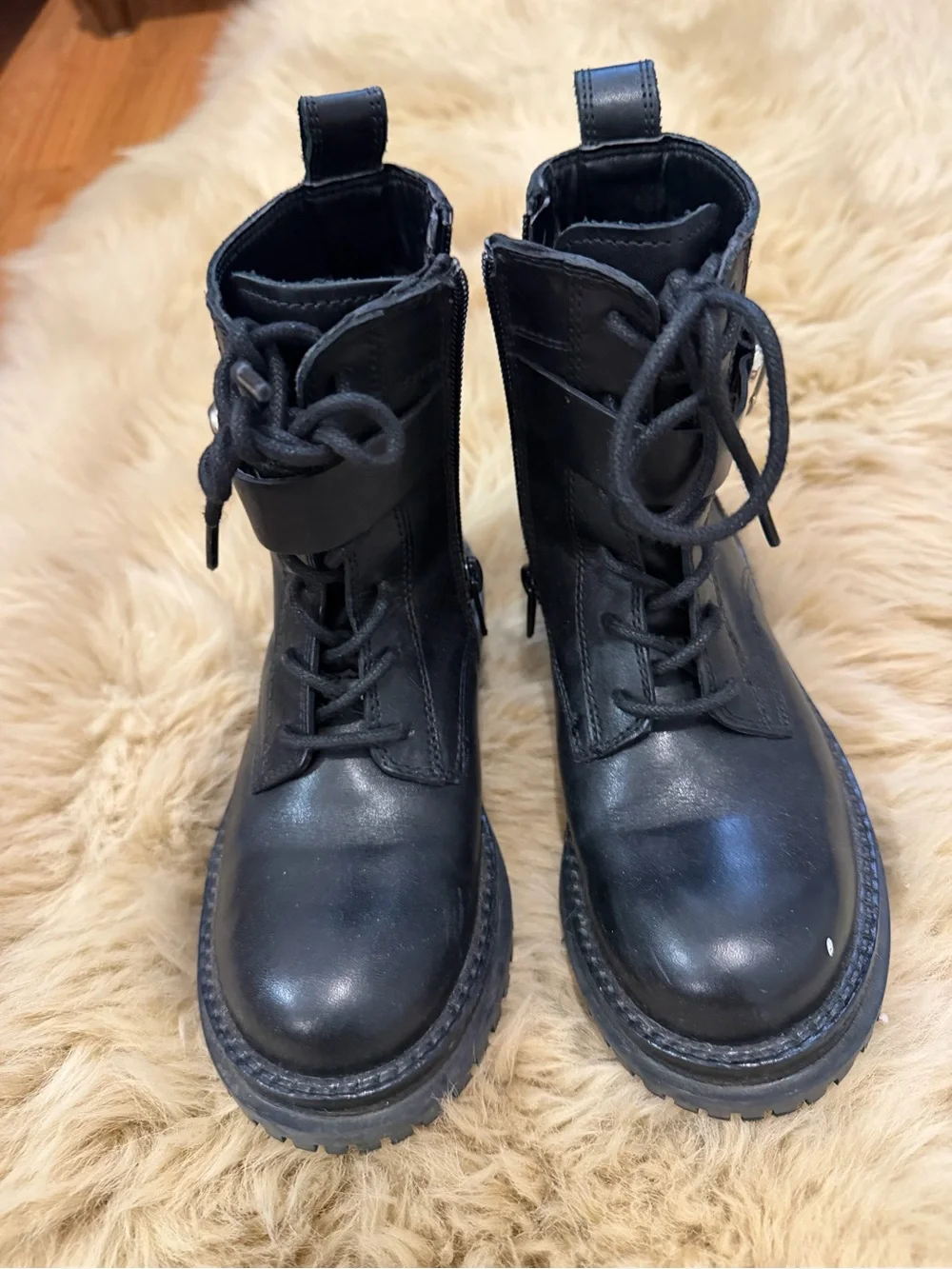 Zara Black Leather Combat Boots with Buckle